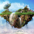 Fantastical floating island with waterfalls, greenery, and Asian architecture viewed from below