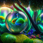 Translucent spheres in vibrant cosmic scene with starlit landscapes