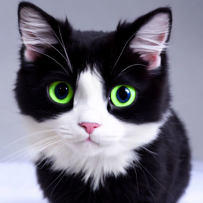 Black and White Cat with Green Eyes and Pink Nose on Grey Background