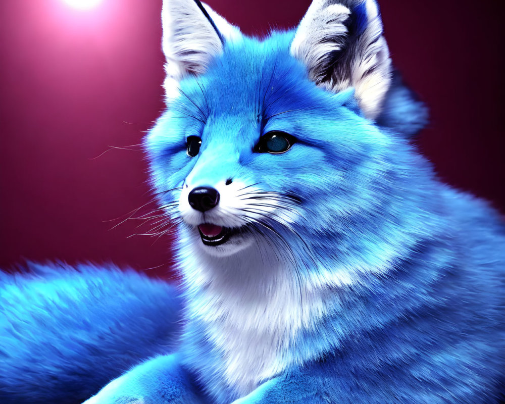 Blue fox with fluffy fur against crimson backdrop and shining orb above