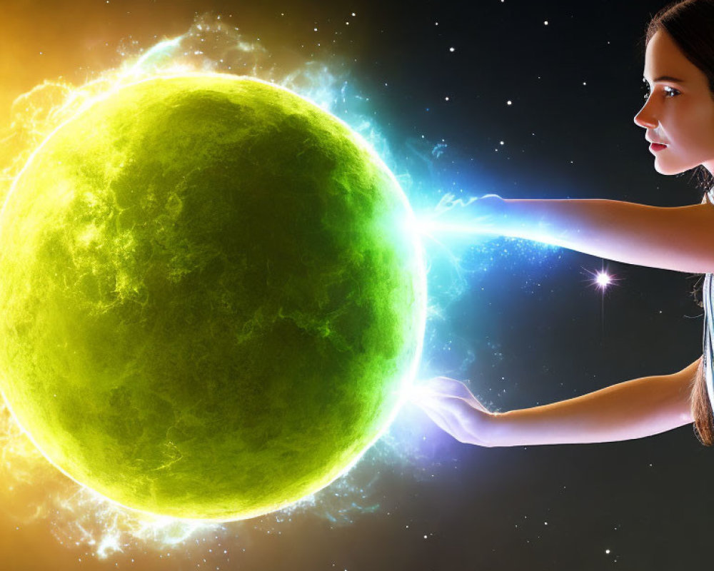Woman touching glowing green planet in cosmic space scene