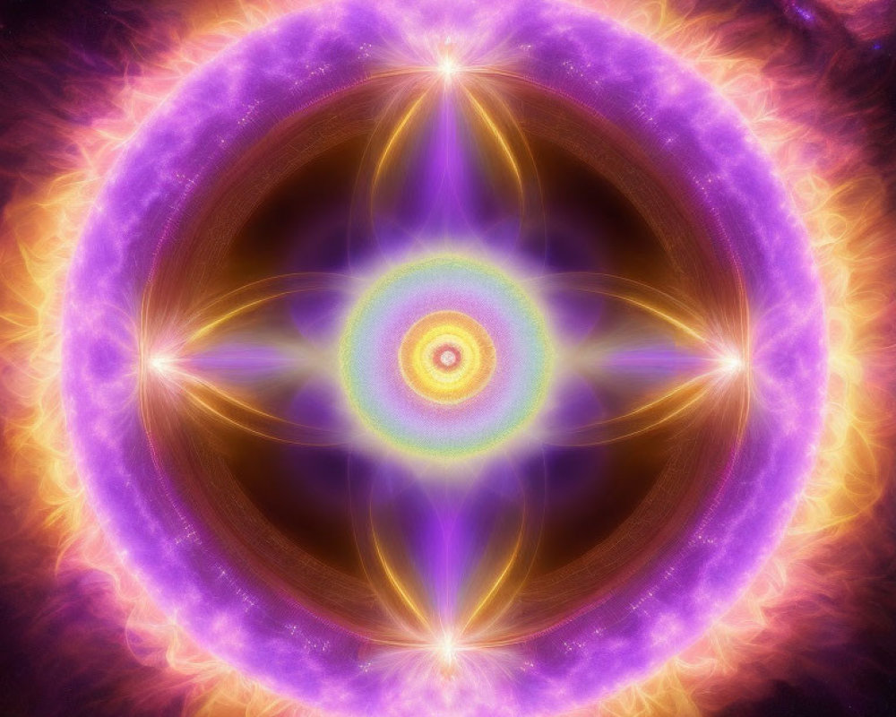 Colorful Fractal Art: Yellow and Pink Spiraling Pattern on Purple Ring