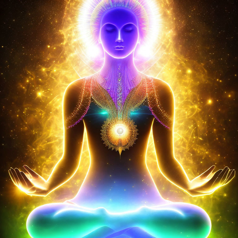 Colorful Illustration of Meditative Figure with Glowing Aura and Chakras