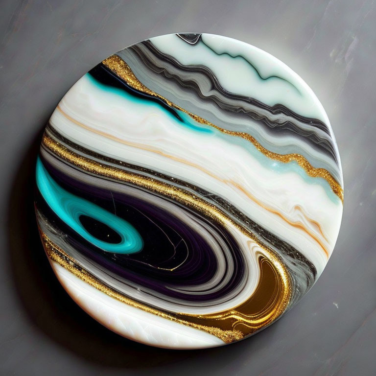 Polished Stone Slab with Swirling White, Black, Gold, and Turquoise Patterns