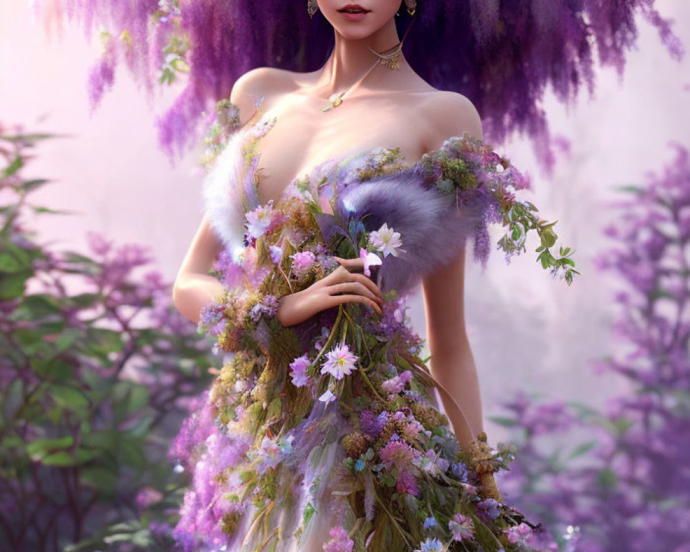Regal figure in purple floral dress among lush foliage
