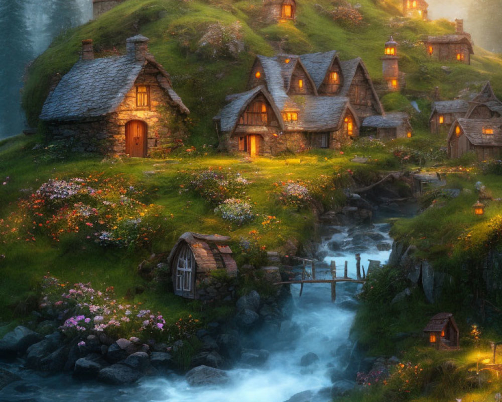 Quaint village scene with thatched-roof cottages on flower-speckled hillside