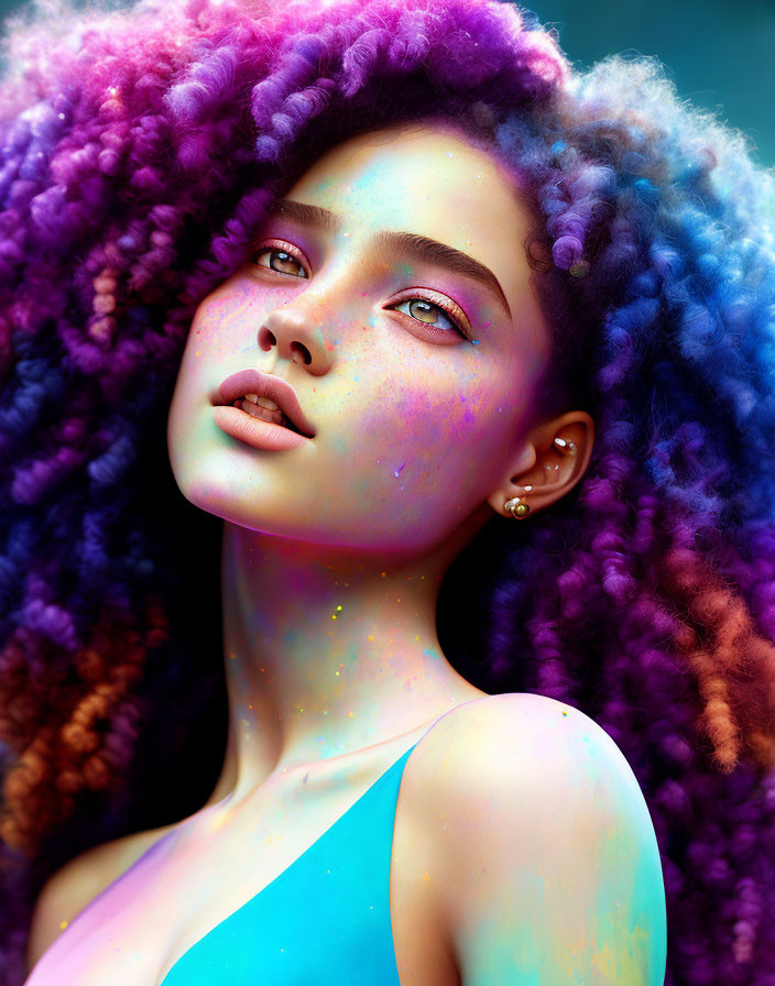 Vibrant woman with purple and blue curly hair and glitter makeup on colorful background