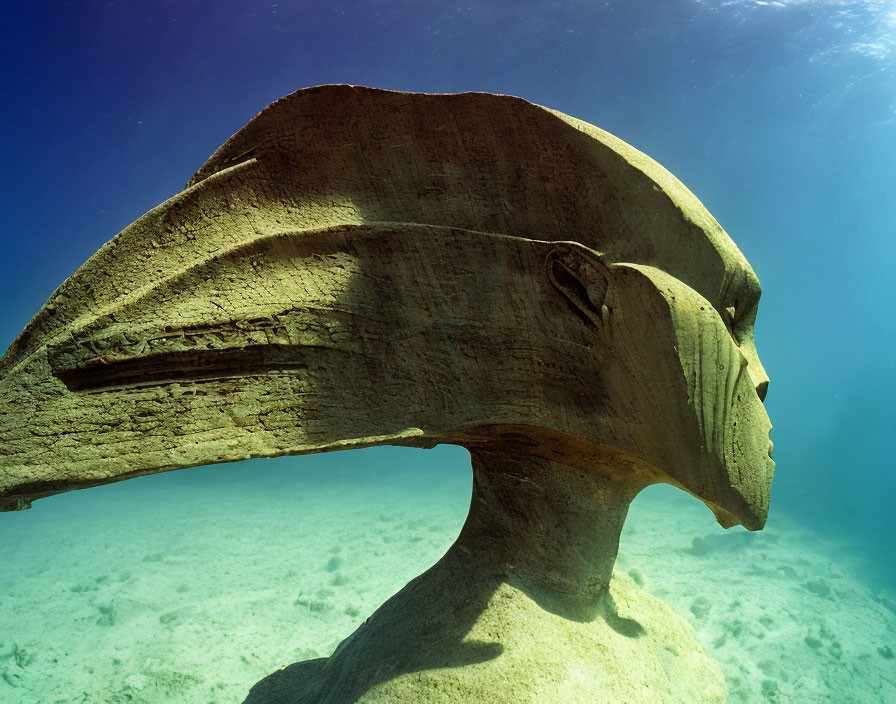 Submerged human head sculpture on sandy seabed in clear blue water
