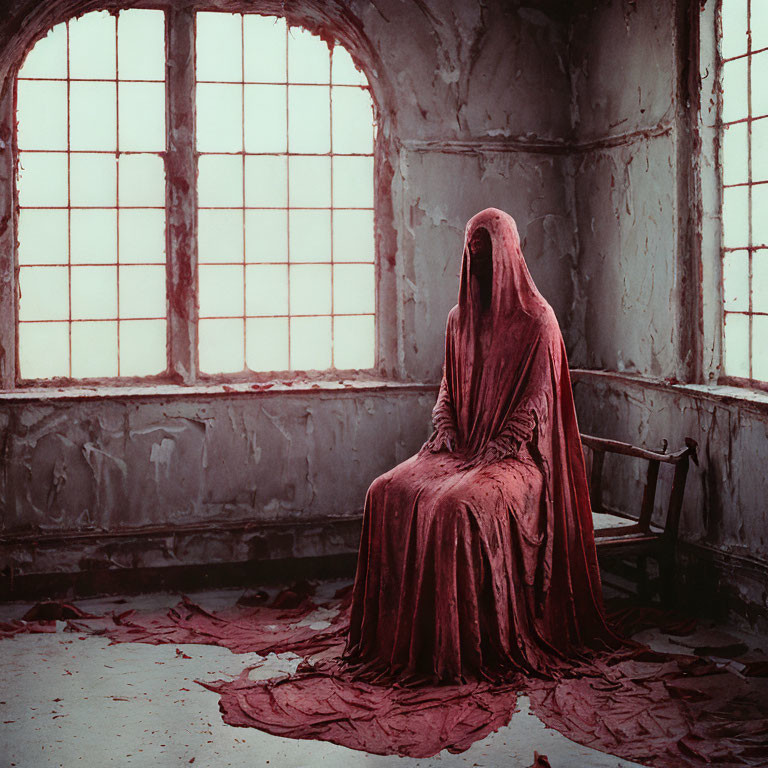 Solitary figure in red cloak in abandoned room with arched windows