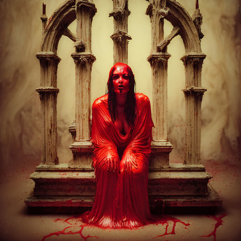 Woman draped in red fabric by gothic arches with dripping red substance