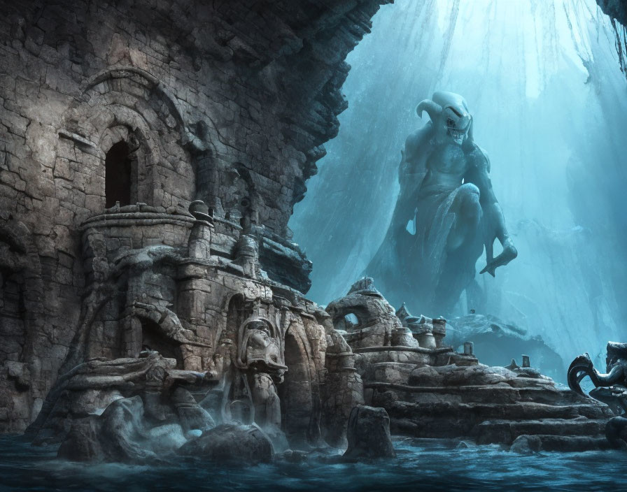 Ancient ruins and horned creature statue in mystical cavern