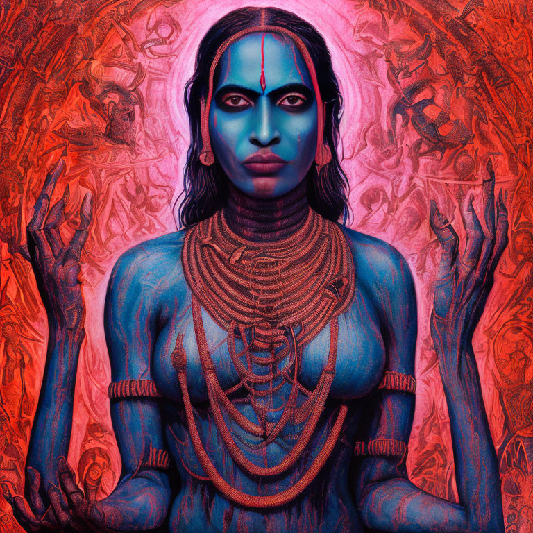 Blue-skinned person adorned with traditional jewelry against intricate red background.