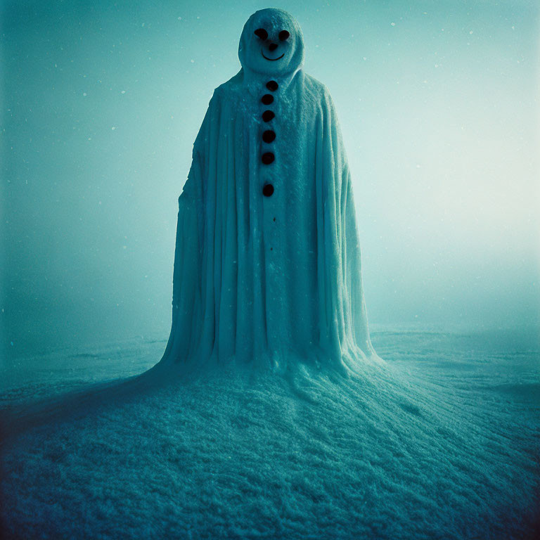 Snowman in Cloak Smiling in Snowy Landscape