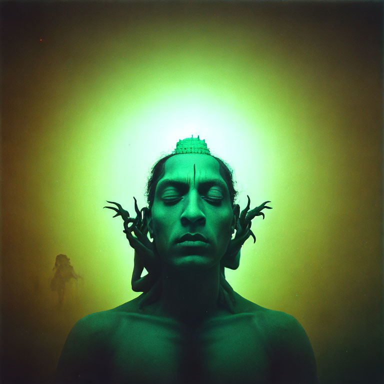 Serene person with closed eyes on green-yellow gradient background with snake-like figures.