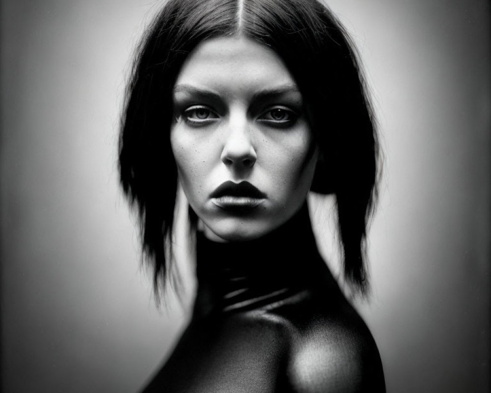 Monochrome portrait of woman with bob haircut and intense gaze