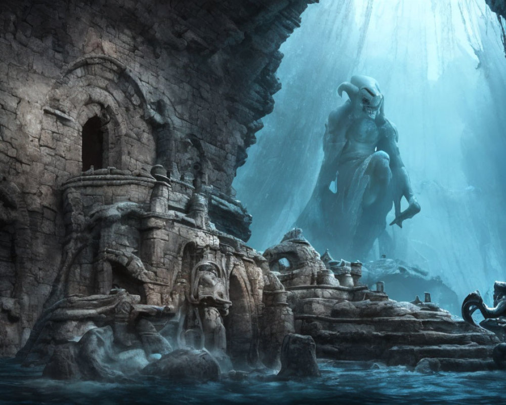 Ancient ruins and horned creature statue in mystical cavern