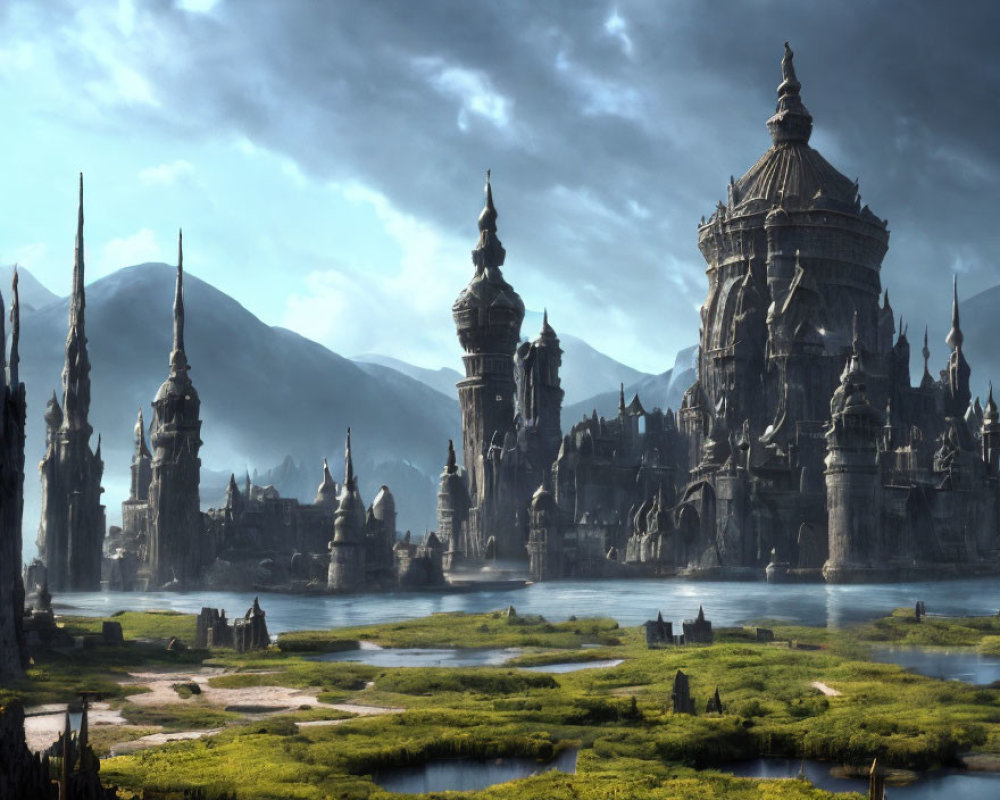 Majestic spires and towers in misty fantasy landscape