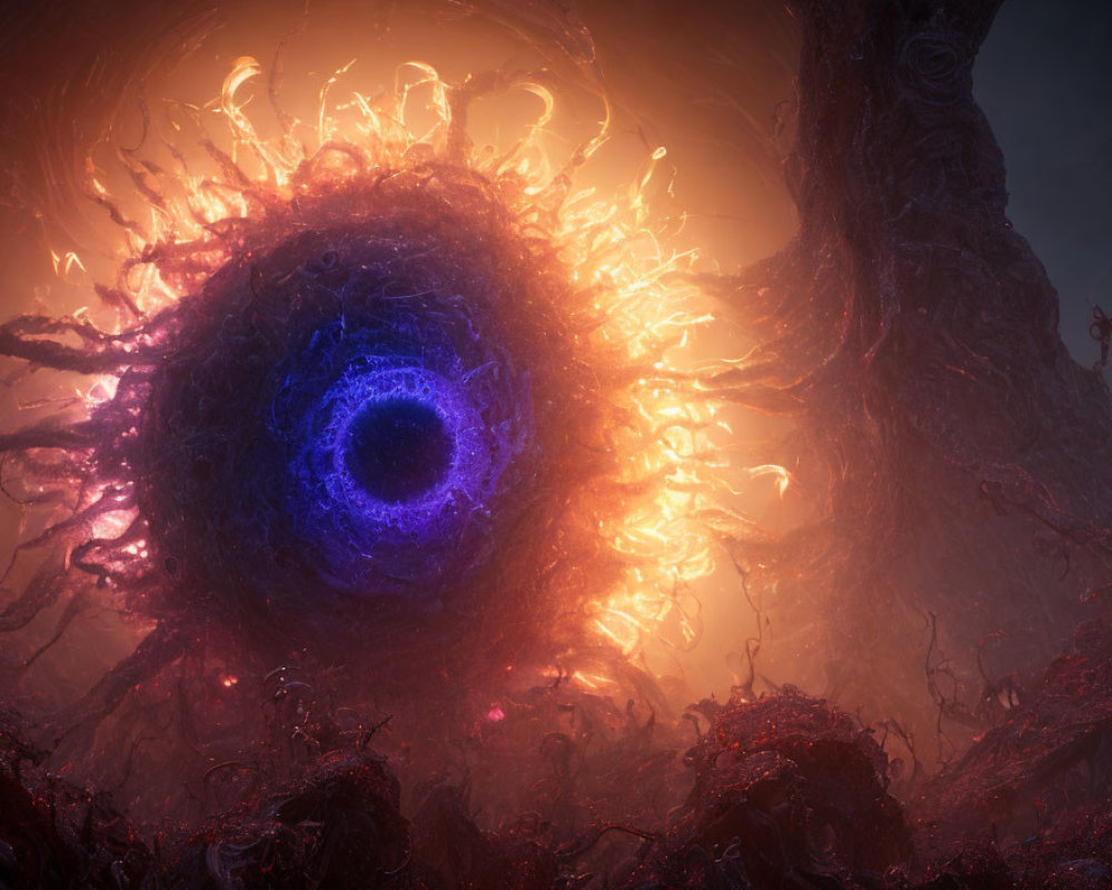 Surreal landscape with glowing blue vortex and fiery tendrils