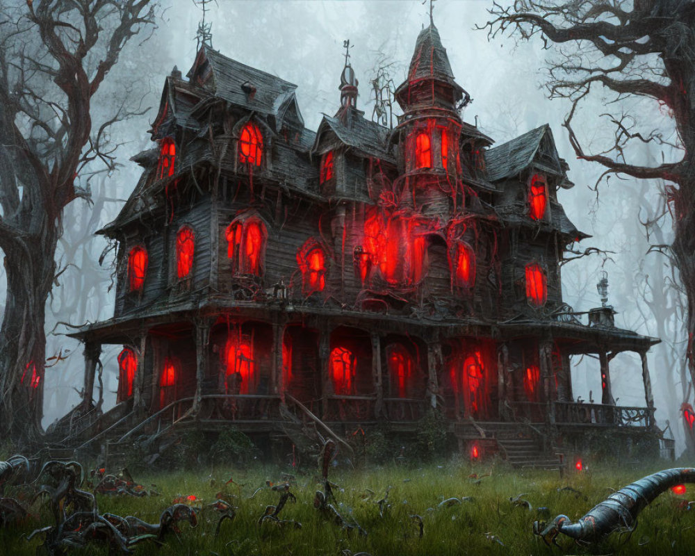 Spooky haunted house in misty forest with red windows