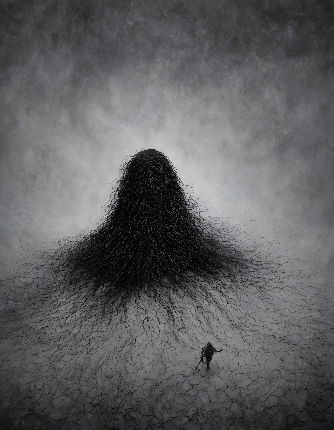 Solitary figure facing dark hillock under brooding sky