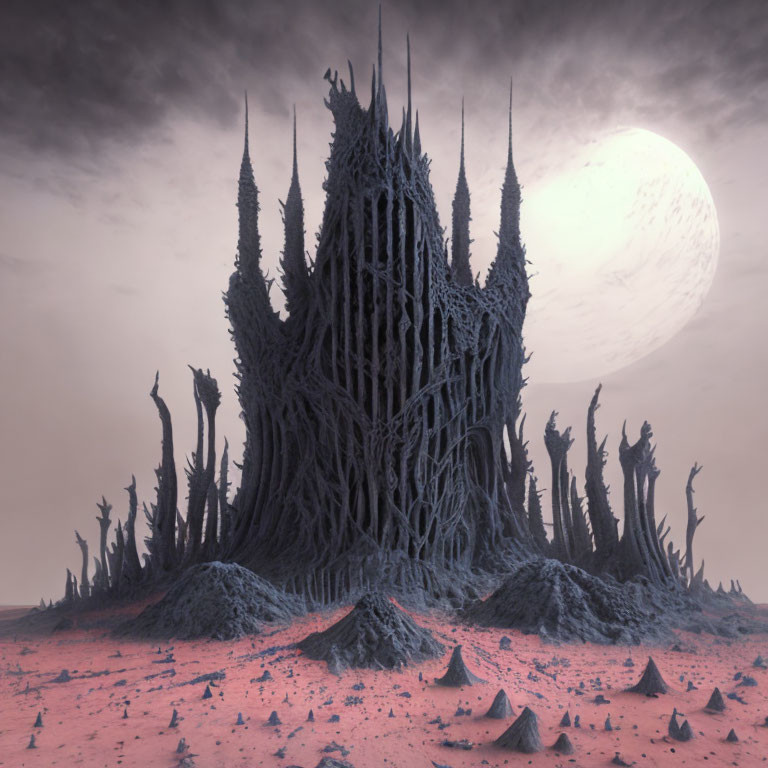 Gothic structure with spire-like towers in alien landscape under large moon