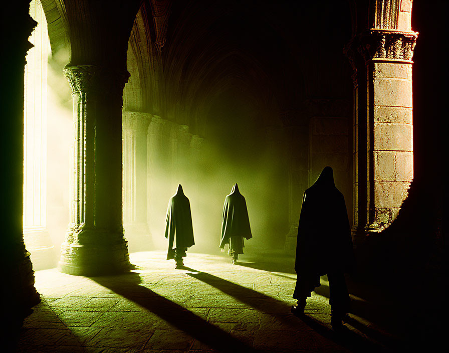 Misty gothic corridor with cloaked figures and long shadows