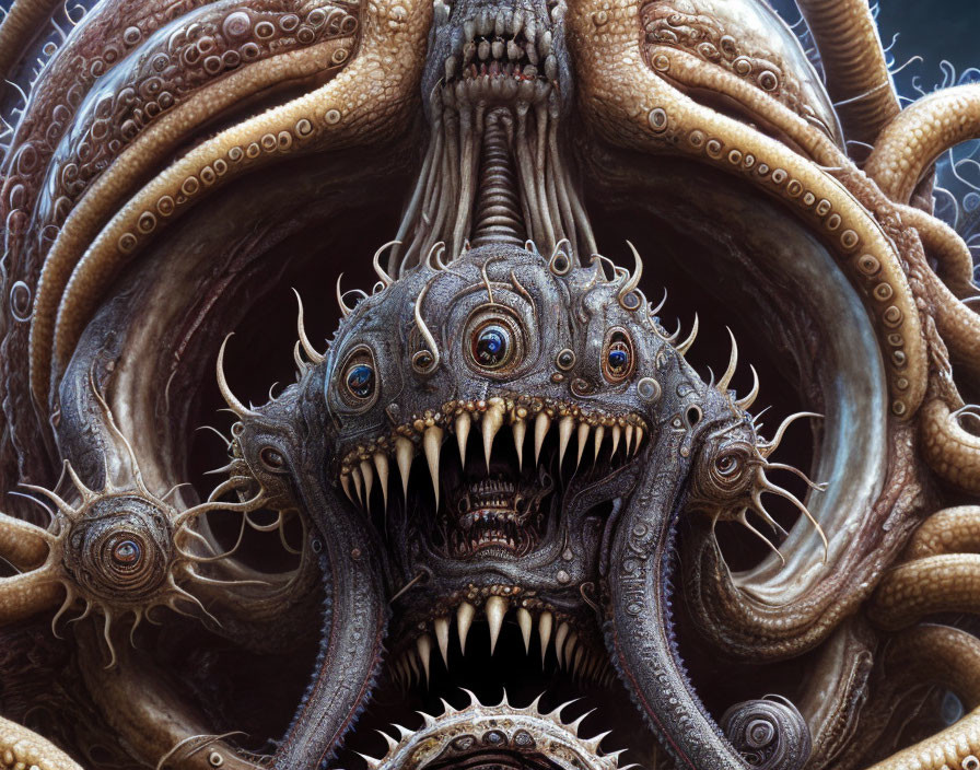 Monstrous creature with multiple eyes and sharp teeth in a tentacled scene