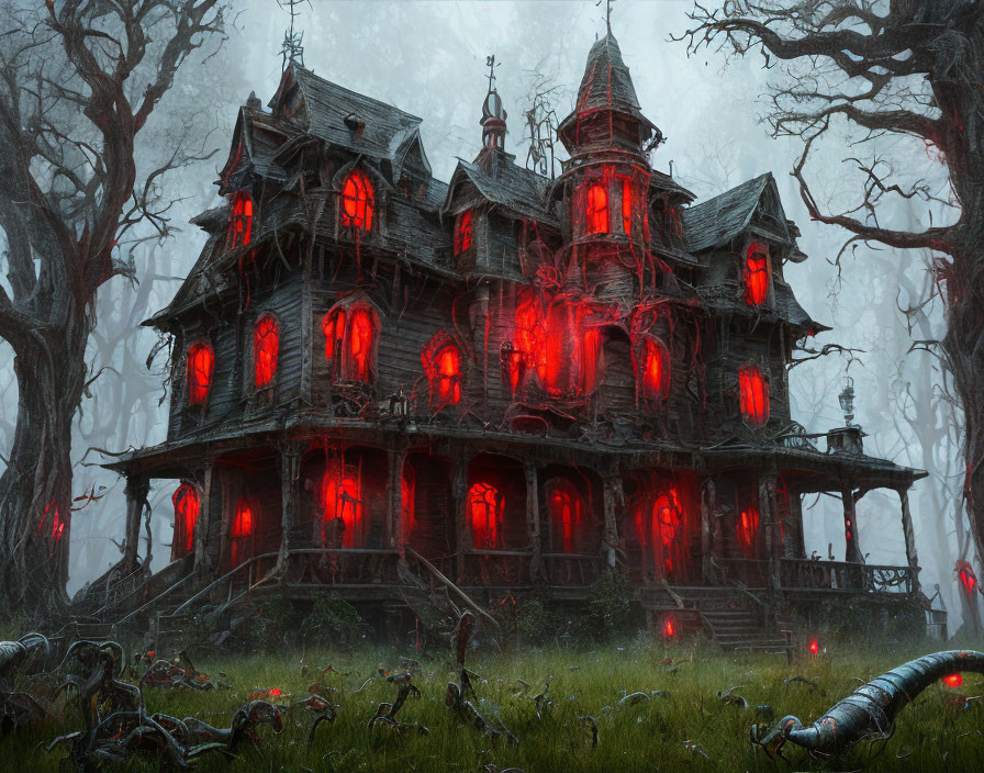 Spooky haunted house in misty forest with red windows
