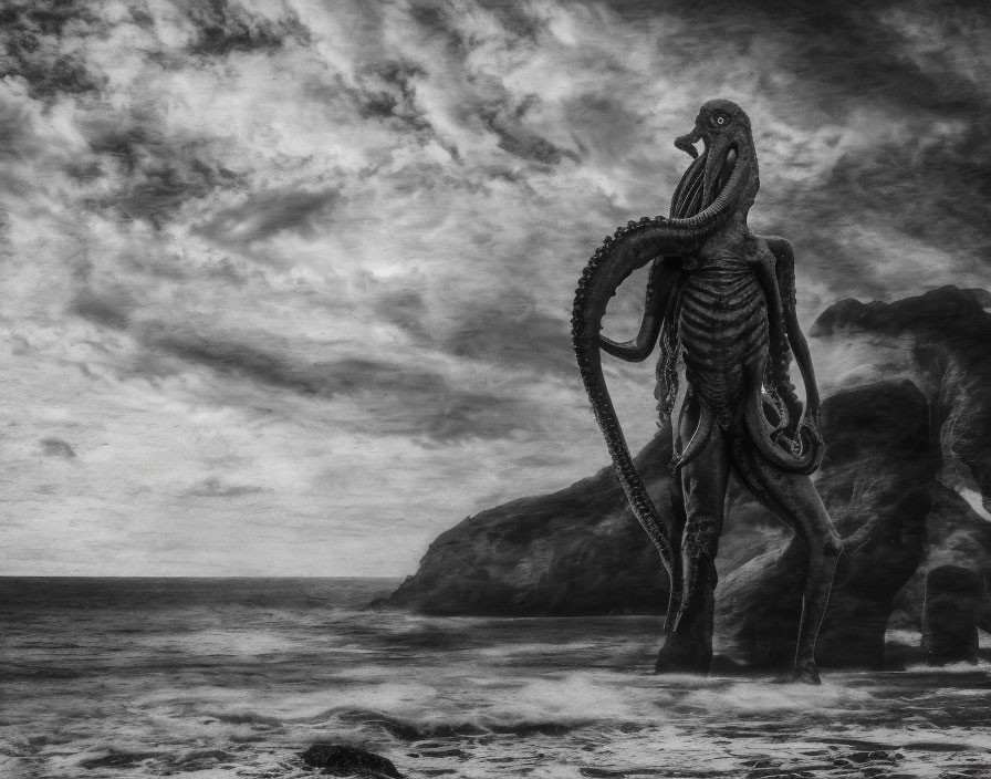 Monochrome image of large octopus-like creature on rocky shoreline