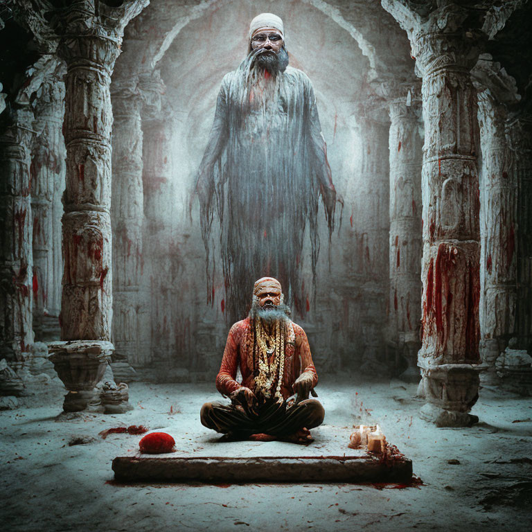 Bearded man in orange robes meditating in ancient temple with ethereal figure
