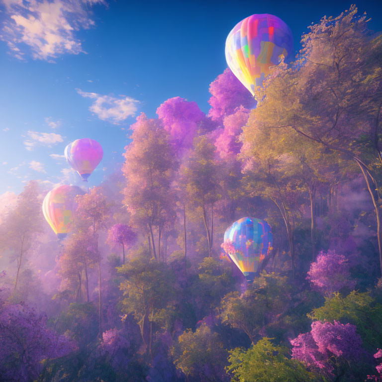 Colorful hot air balloons over dreamy purple forest in soft sunlight