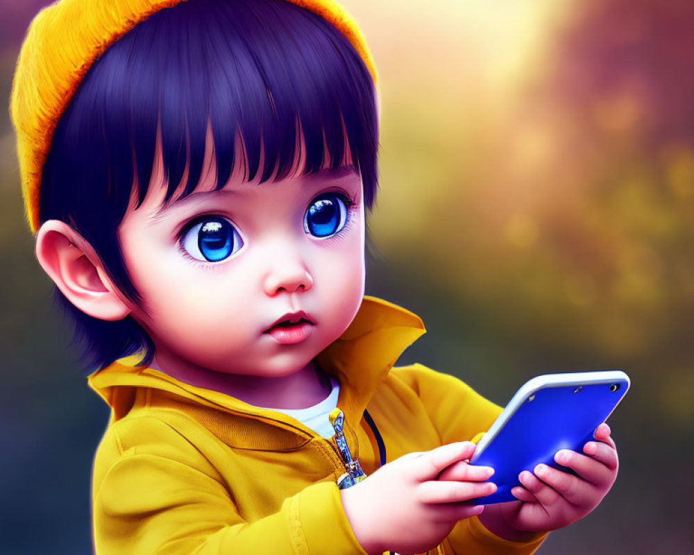 Child with Large Blue Eyes and Yellow Hat Holding Smartphone in Autumnal Digital Art