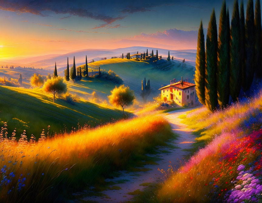 Colorful Tuscan Hillside Sunrise or Sunset Landscape with Villa, Cypress Trees, and Wildflowers