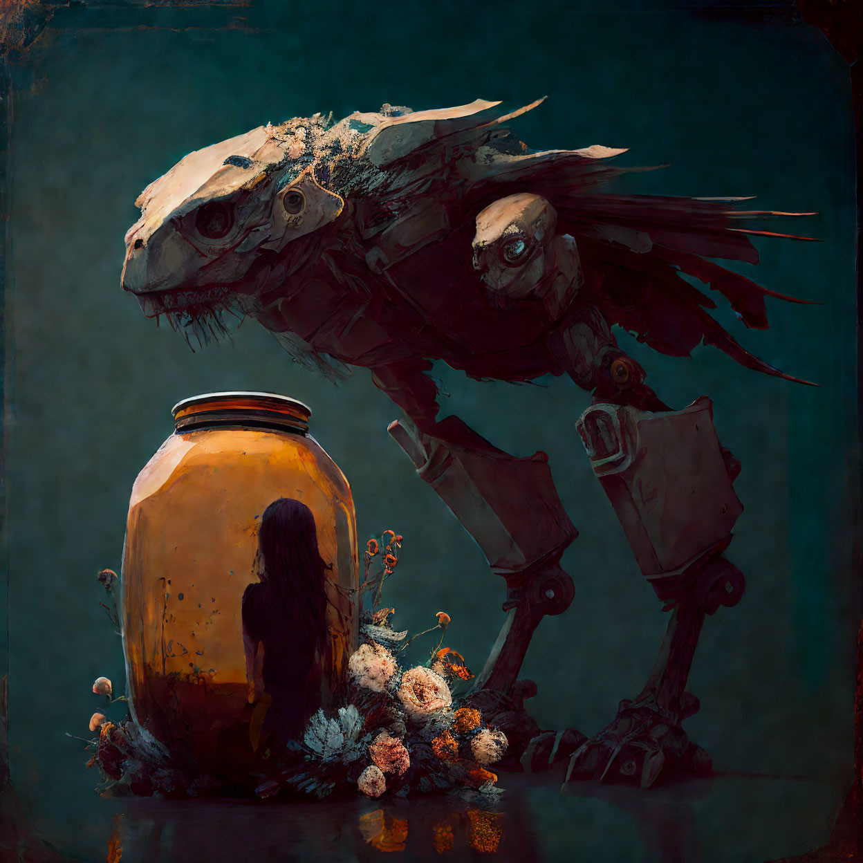 Fantastical artwork of skull-headed creature and small figure in jar with flowers