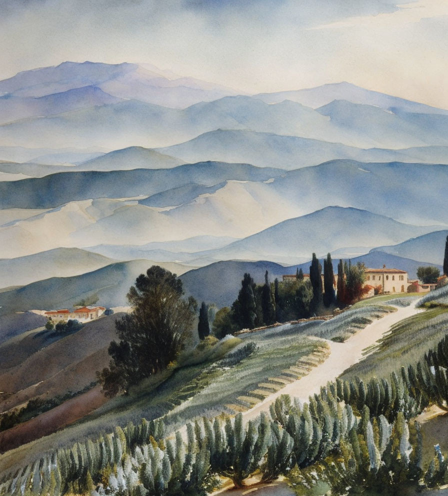 Scenic watercolor landscape of rolling hills and mountains with a villa, road, and cypress trees