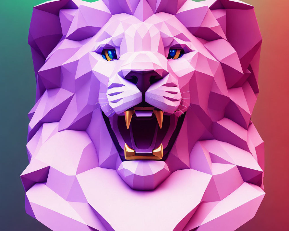 Colorful low-poly lion head art on gradient background
