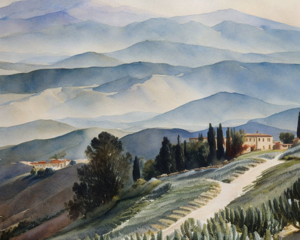 Scenic watercolor landscape of rolling hills and mountains with a villa, road, and cypress trees