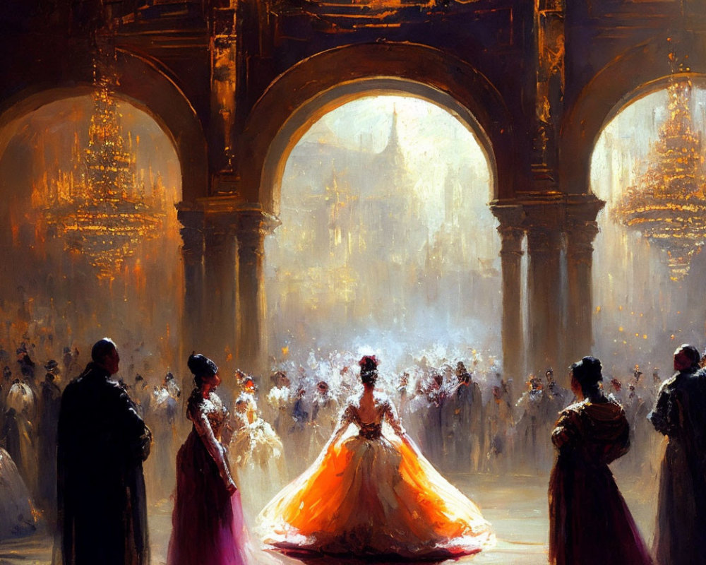 Ballroom scene with people in period attire, woman in orange dress under grand chandeliers.