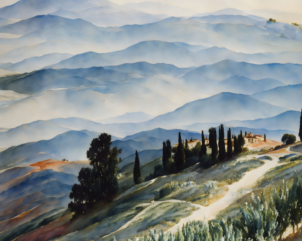 Serene landscape watercolor painting with rolling hills and blue mountains
