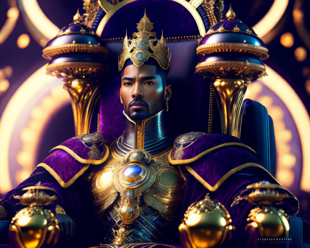 Regal figure in golden armor on throne with glowing orbs