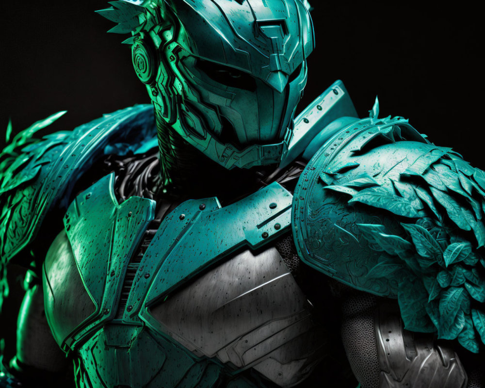 Futuristic armored suit with teal highlights and feather-like details