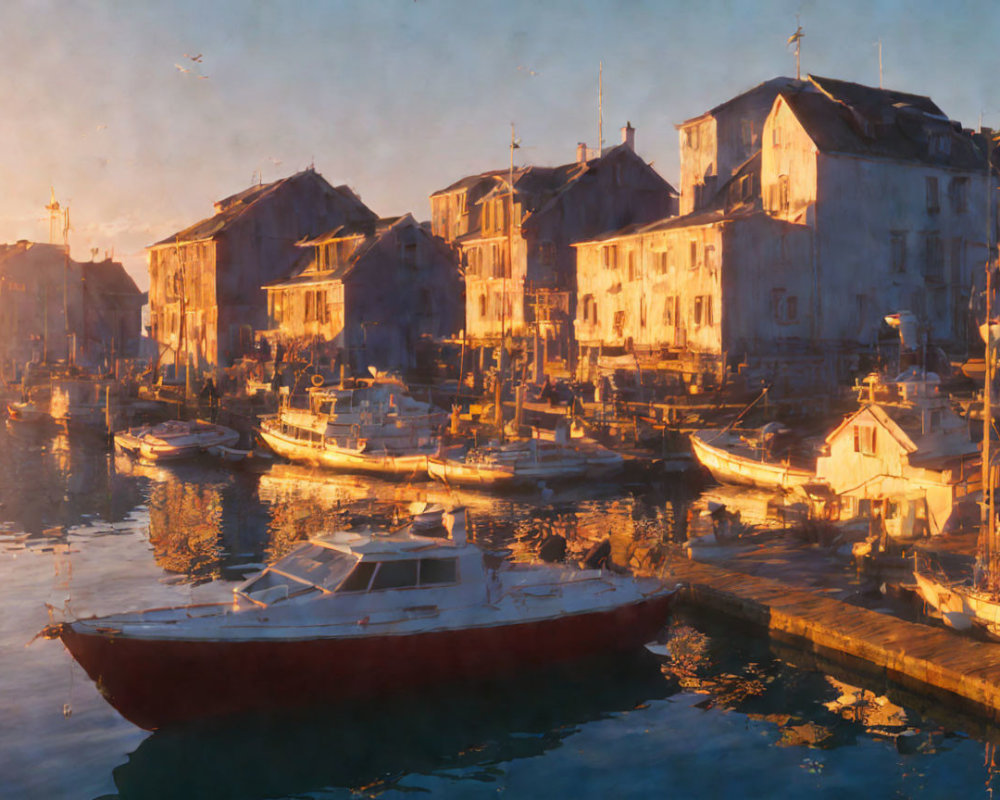 Tranquil harbor at sunset with boats and aged buildings