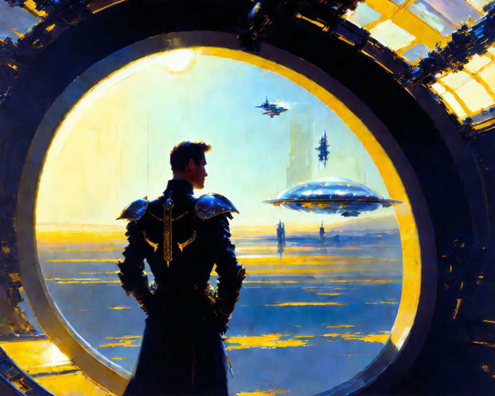 Futuristic uniformed person gazes at seascape with flying vehicles and distant city under golden sky