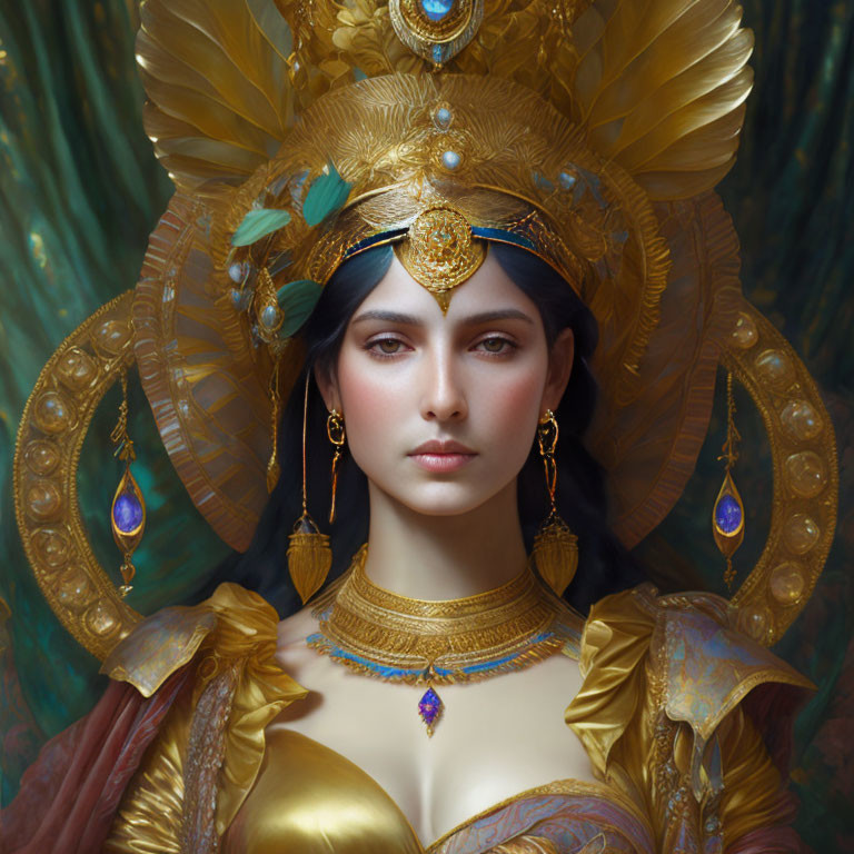 Dark-Haired Woman in Golden Headdress and High-Collar Cloak
