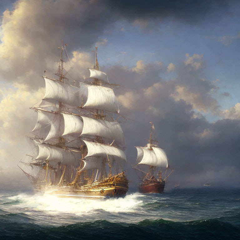 Tall ship sailing in rough seas under dramatic sky