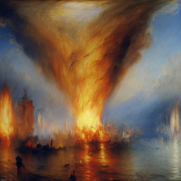 Dramatic painting of city fire with ships fleeing under smoky sky