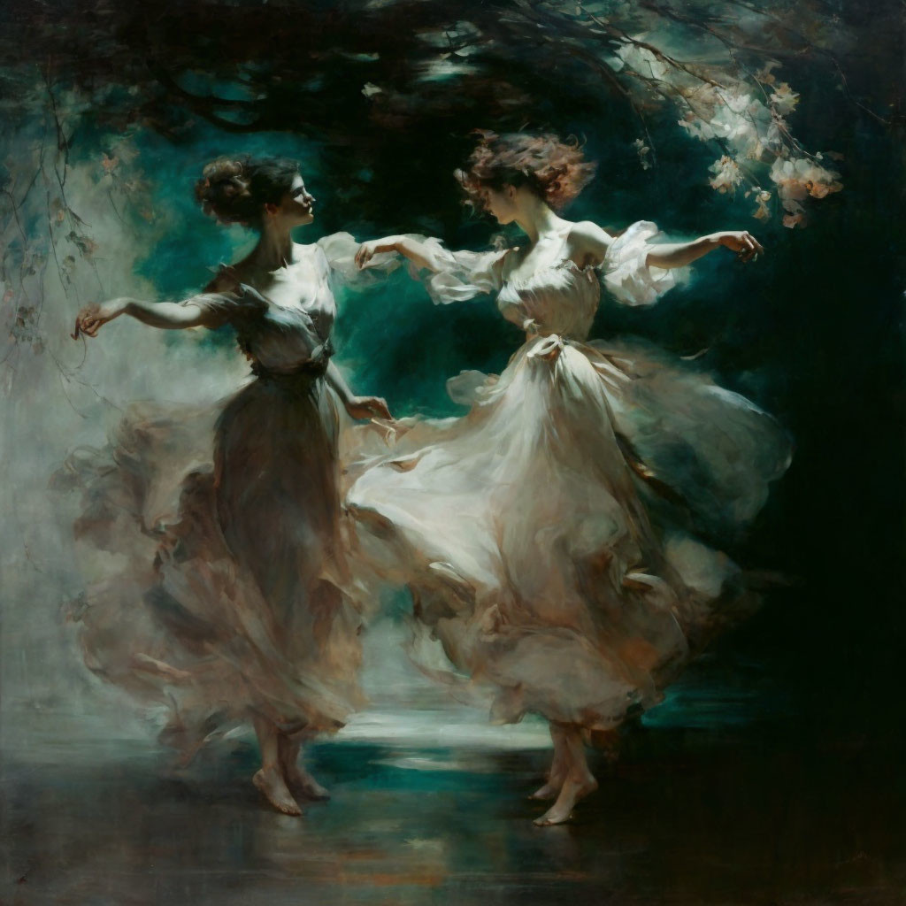 Ethereal women dancing in flowing dresses against dreamlike backdrop