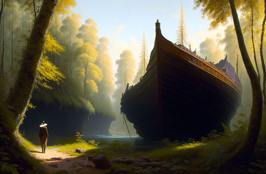 Person in hat gazes at ancient ship in sunlit forest clearing