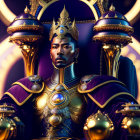 Regal figure in golden armor on throne with glowing orbs