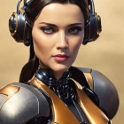 Sleek-haired woman in futuristic black and gold suit with armor-like shoulder pieces